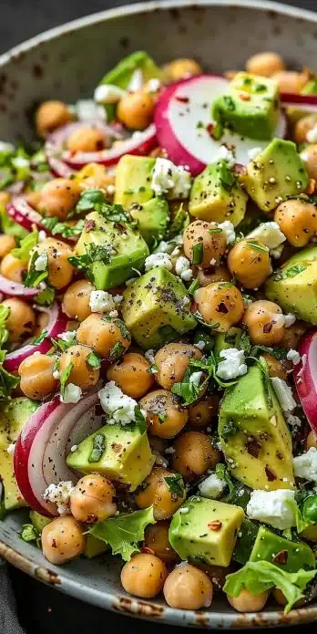 Chickpea Feta Avocado Salad with fresh ingredients on a wooden table