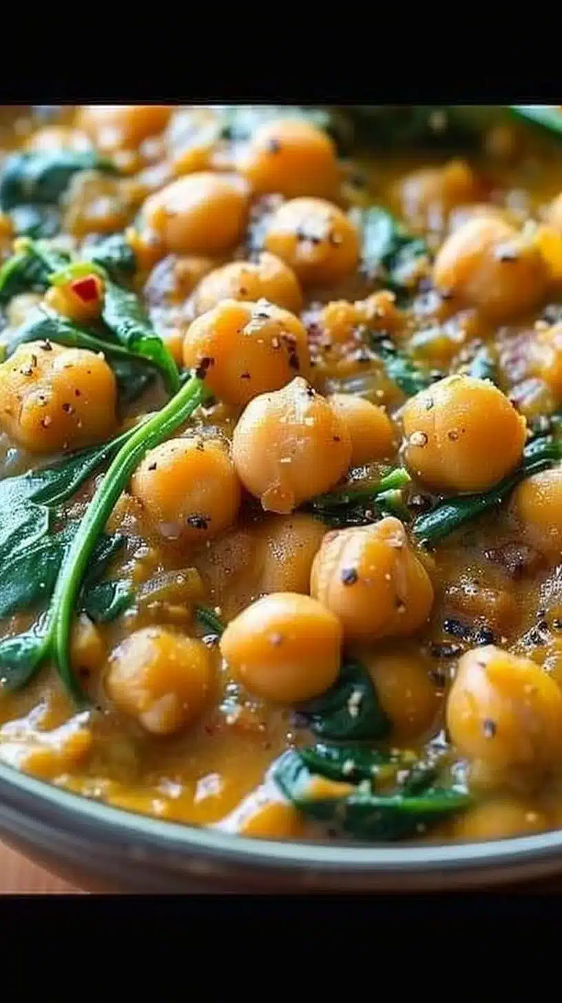 Delicious homemade Chickpea and Spinach Curry in a bowl with spices