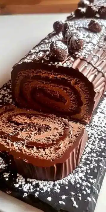 Delicious homemade Chocolate Yule Log decorated for the holidays.