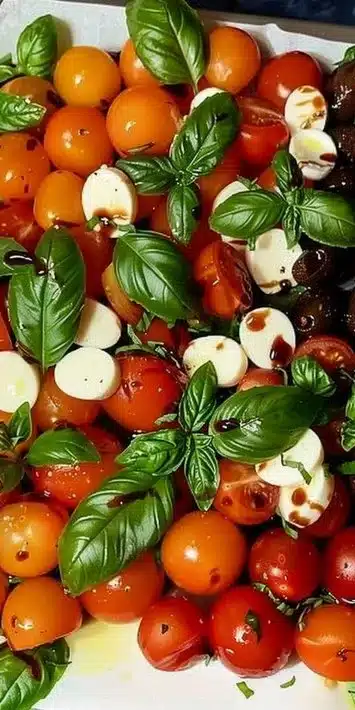 Delicious Christmas Caprese Wreath with mozzarella, tomatoes, and basil decoration.