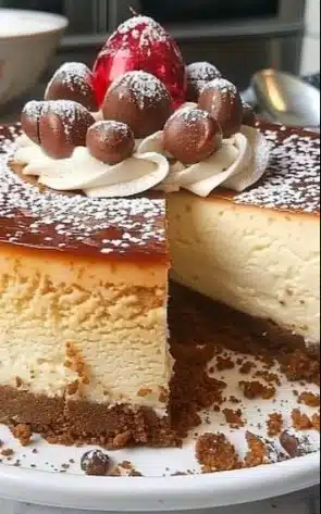 Festive Christmas cheesecake garnished with seasonal decorations