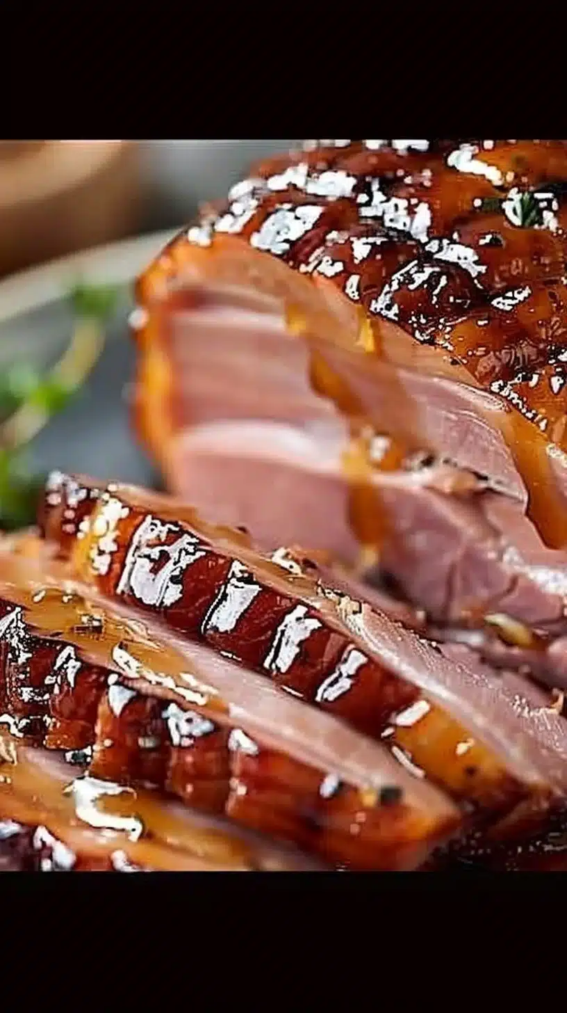 A beautifully glazed Christmas ham ready to serve for a festive holiday meal.