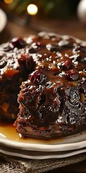 Delicious Christmas Pudding adorned with festive decorations.