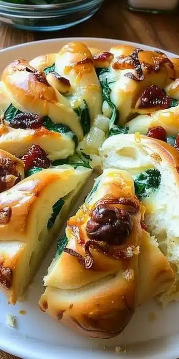 Christmas Tree shaped stuffed bread filled with savory ingredients for festive gatherings.