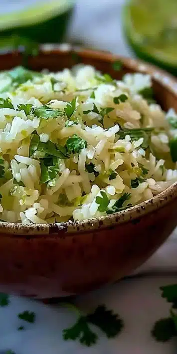 Bowl of cilantro lime rice garnished with lime wedges and cilantro leaves.