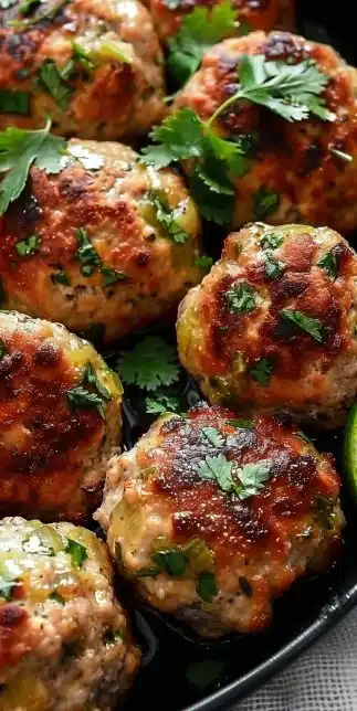 Cilantro Lime Turkey Meatballs served on a plate with fresh herbs