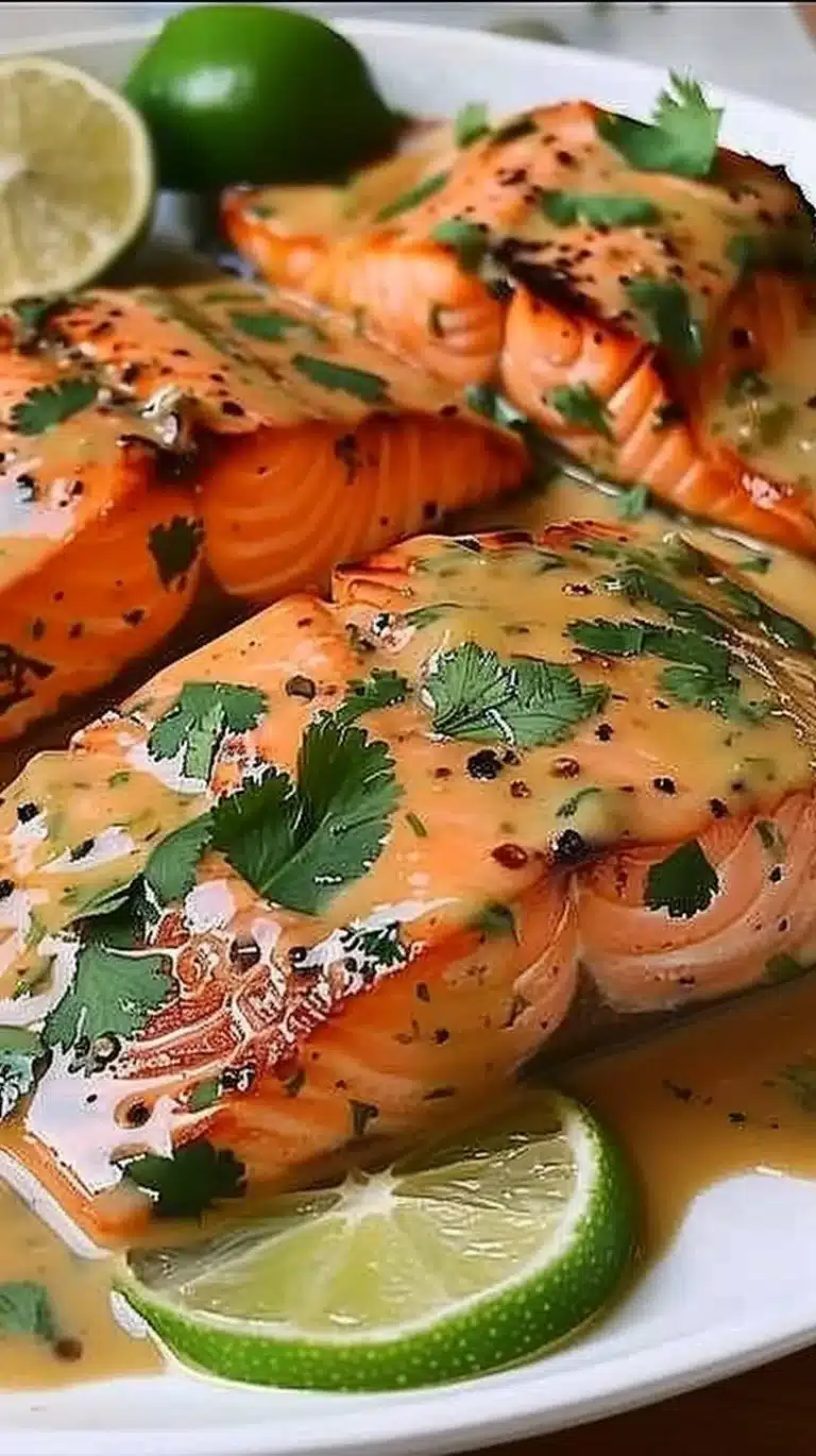 Delicious Coconut Lime Salmon garnished with lime slices and cilantro.