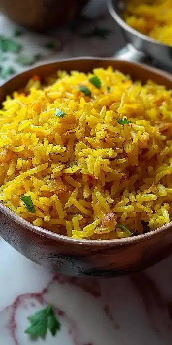 Bowl of Coconut Turmeric Rice garnished with fresh herbs