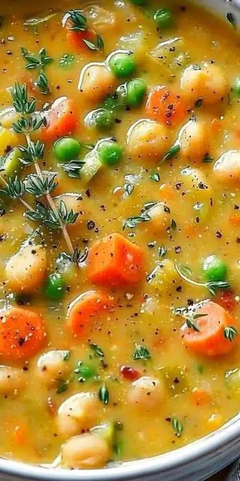 Bowl of comforting one-pot creamy vegetable soup with fresh ingredients.