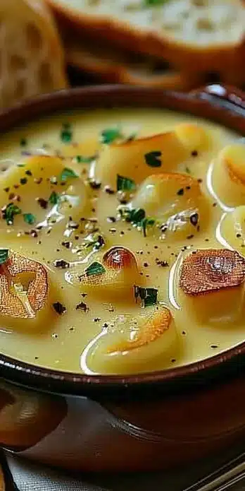 Delicious bowl of Country French Garlic Soup garnished with herbs and croutons