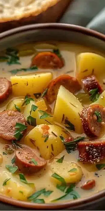 Cozy crockpot potato soup with sausage in a bowl garnished with herbs.