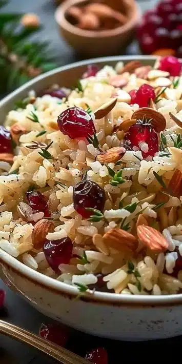 Cranberry Almond Rice Pilaf with fresh cranberries and toasted almonds