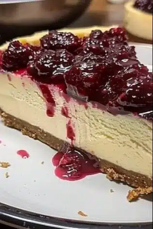 Delicious cranberry cheesecake topped with fresh cranberries and whipped cream.