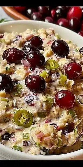 Cranberry Jalapeño Dip served in a bowl with crackers and garnished with herbs.