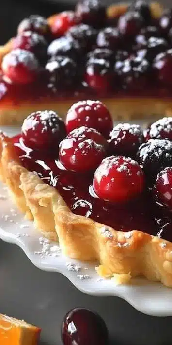 Delicious cranberry orange tart with fresh cranberries and orange slices on top.