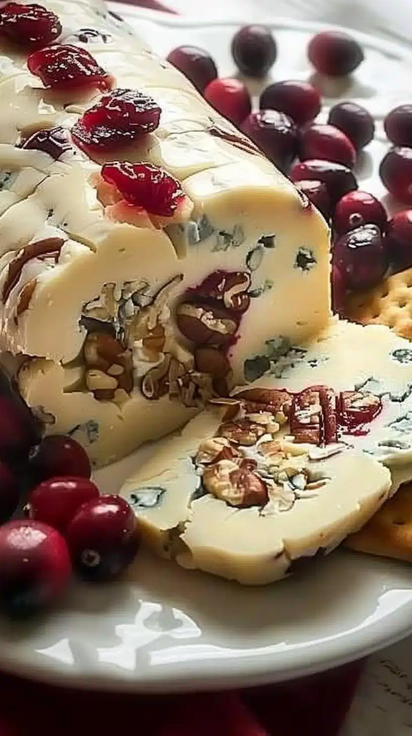 Cranberry Pecan Cheese Log served on a platter with festive toppings.