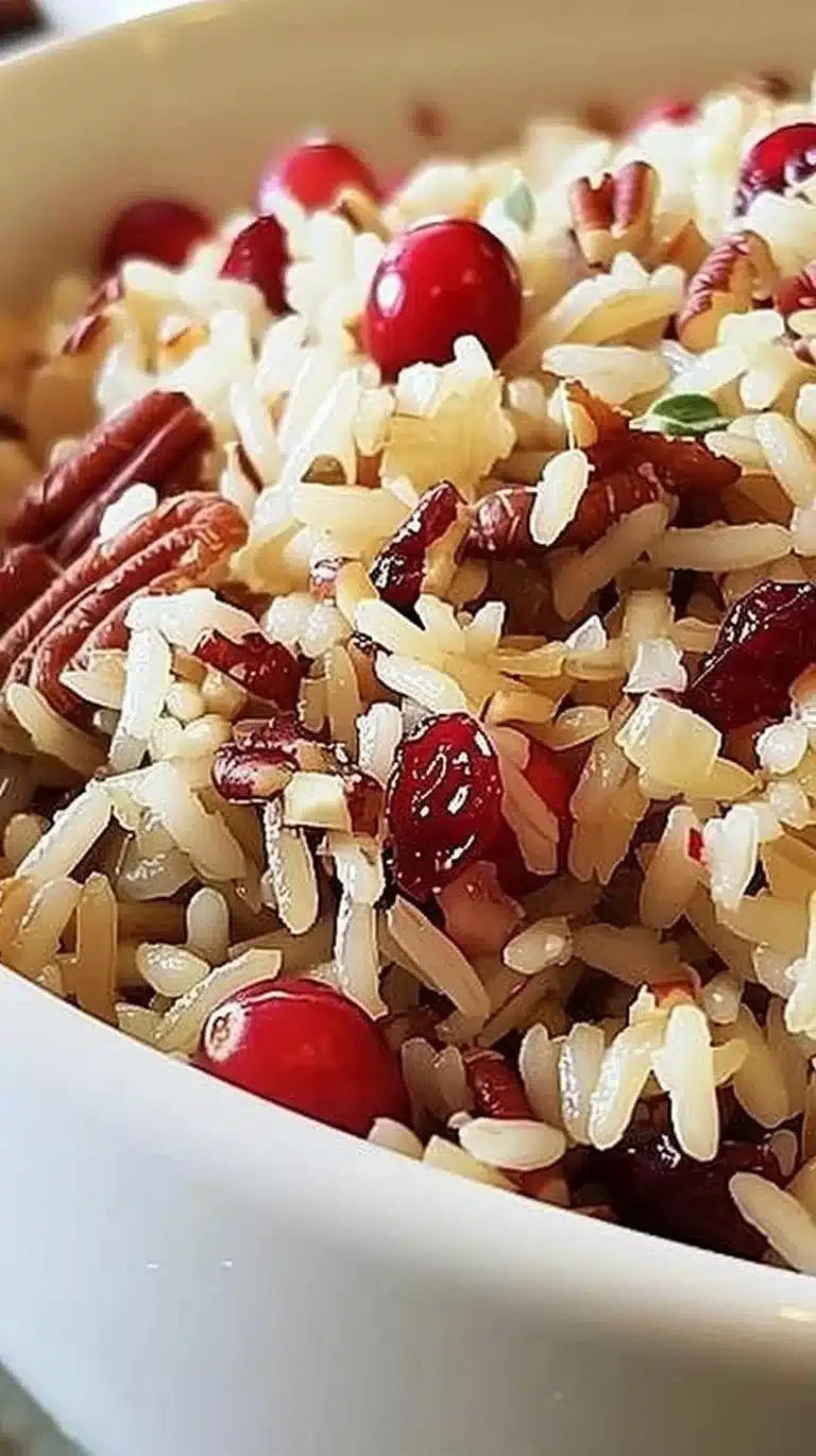 A bowl of flavorful cranberry rice pilaf garnished with fresh herbs.