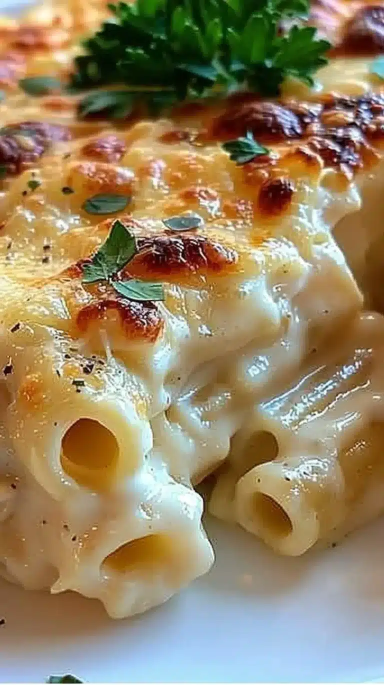 Creamy baked pasta dish served in a casserole, garnished with herbs
