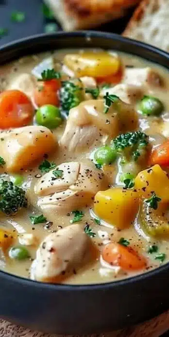 Creamy chicken vegetable soup in a bowl garnished with herbs