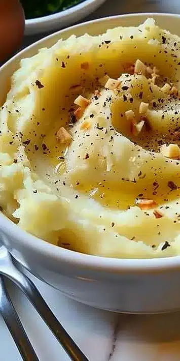 Bowl of creamy garlic butter mashed potatoes garnished with herbs