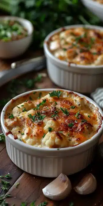 Creamy keto casserole with chicken, cauliflower, and broccoli in a baking dish.