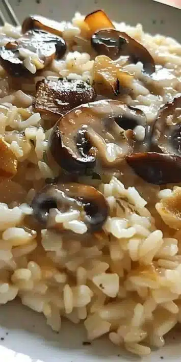 Creamy mushroom rice dish served in a bowl, garnished with fresh herbs