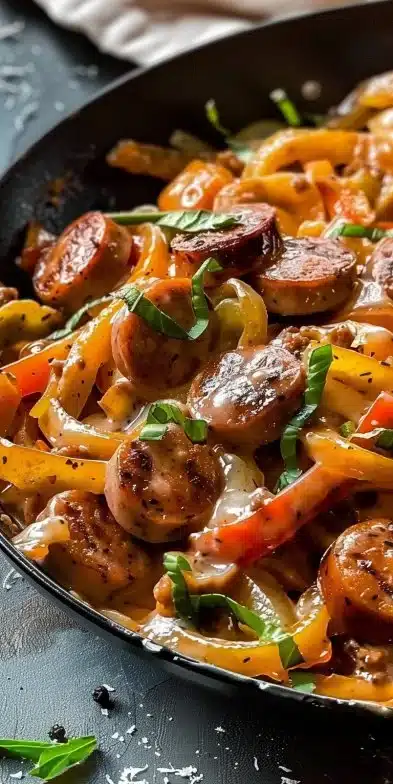 Creamy sausage skillet dish served in a pan, topped with herbs and cream.