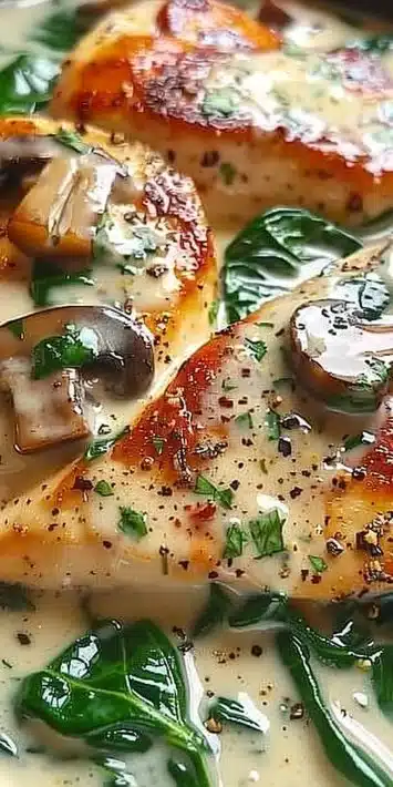 Delicious creamy spinach mushroom chicken served on a plate