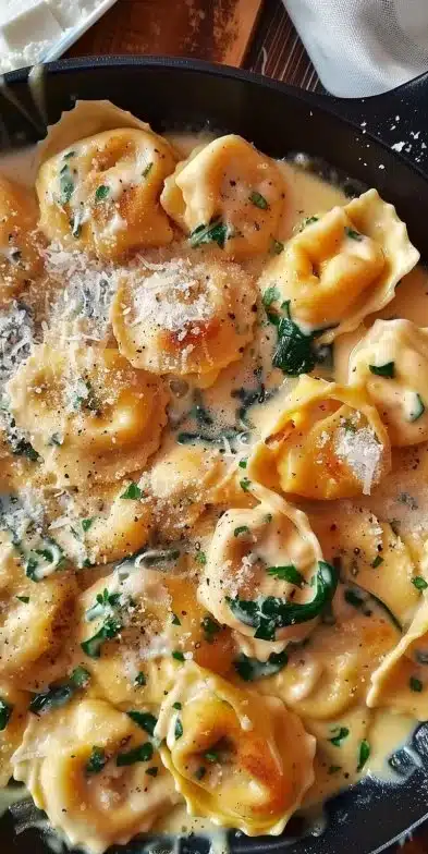 Creamy Tortellini Skillet topped with fresh herbs and cheese