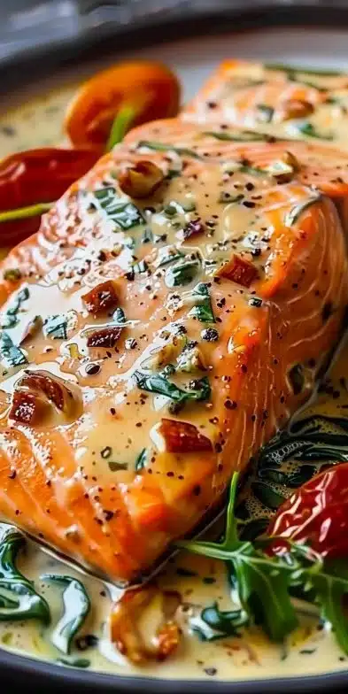 Delicious creamy Tuscan Salmon served on a plate with fresh herbs