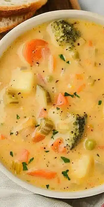 Bowl of creamy vegetable soup topped with fresh herbs and vegetables