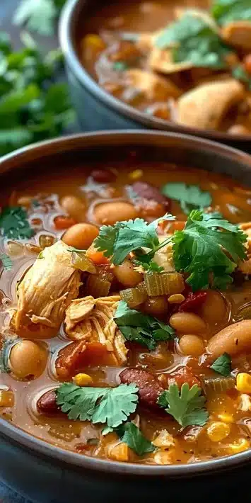 Creamy white bean chicken chili served in a bowl with toppings
