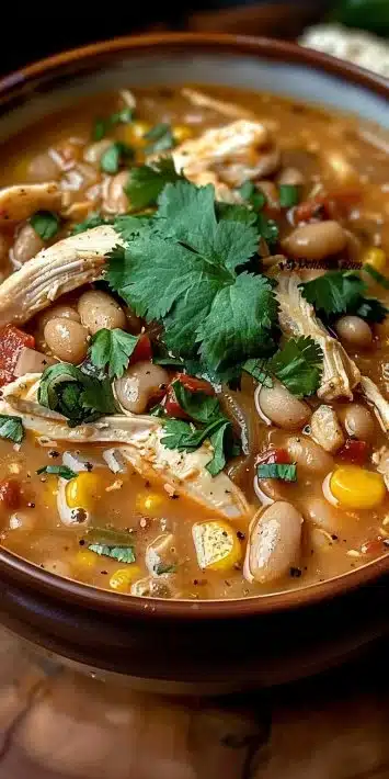 Bowl of creamy white chicken chili topped with cilantro and jalapeños