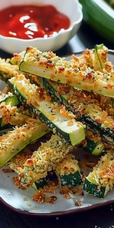 Crispy baked zucchini fries served with dipping sauce and seasonings.