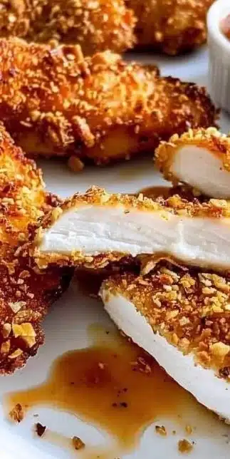 Crispy oven chicken tenders served with dipping sauce and side of vegetables