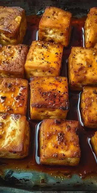 Crispy oven tofu served on a plate with herbs and spices.
