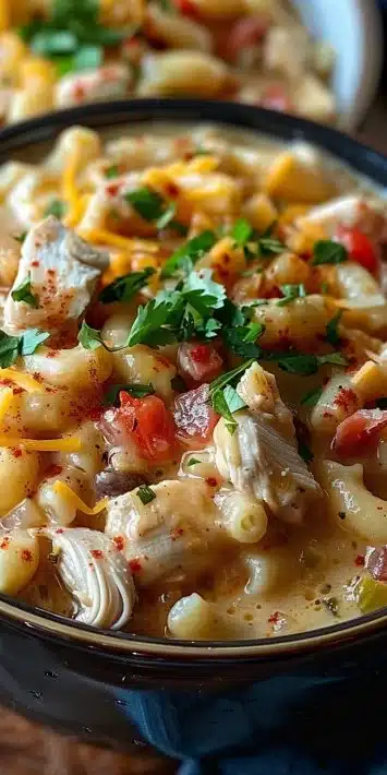 Crockpot White Chicken Chili Mac served in a bowl with toppings