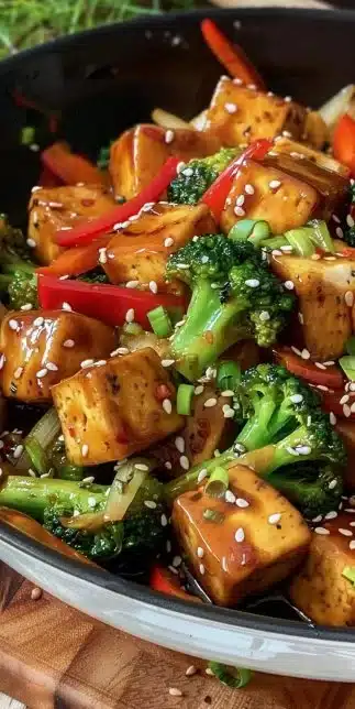 Delicious teriyaki tofu stir-fry prepared in 25 minutes with vegetables