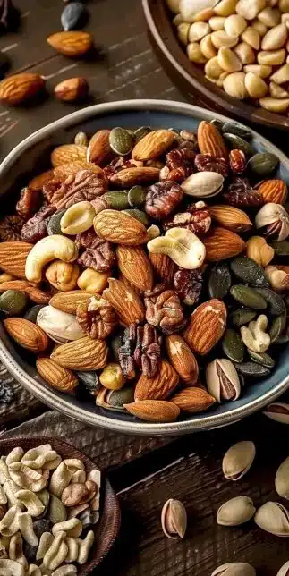 Bowl of colorful DIY trail mix with nuts and dried fruits