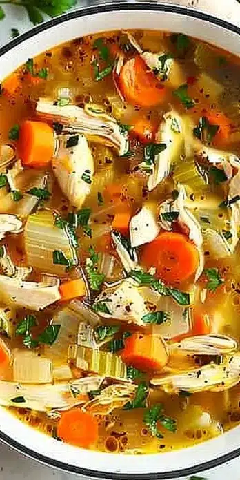 Bowl of easy and healthy homemade chicken soup with fresh ingredients