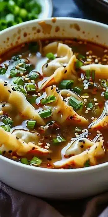 Bowl of easy Asian dumpling potsticker soup garnished with herbs