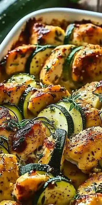 Delicious easy chicken zucchini bake served on a plate with fresh herbs