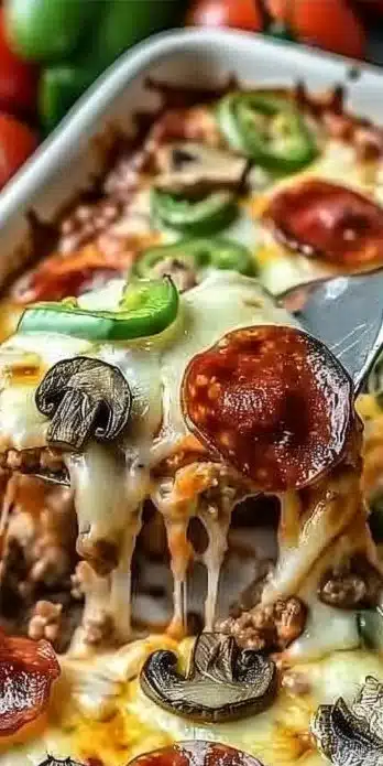 Easy Low Carb Pizza Casserole topped with cheese and pepperoni