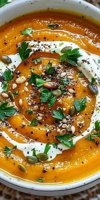 Bowl of easy roasted pumpkin soup garnished with herbs and spices