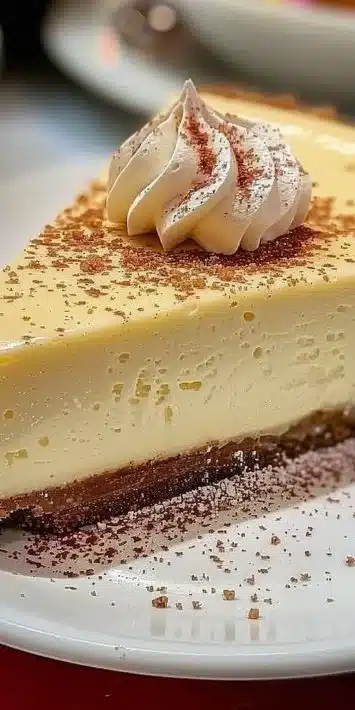 Delicious slice of Eggnog Cheesecake topped with whipped cream and nutmeg