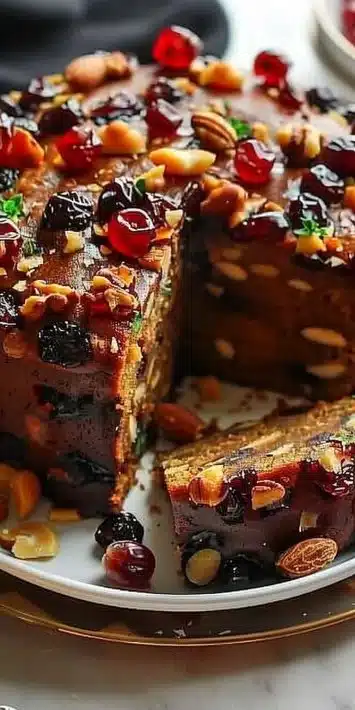 Traditional English fruitcake decorated with dried fruits and nuts
