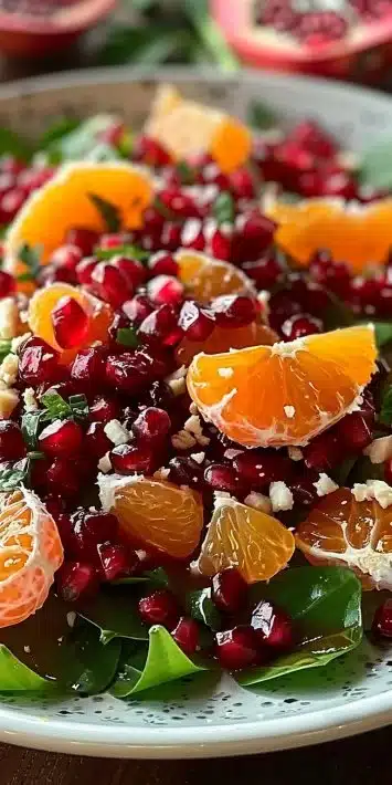 A colorful bowl of festive Citrus Pomegranate Salad with vibrant fruits and greens.