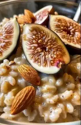 Bowl of Fig and Almond Overnight Barley for a healthy breakfast.