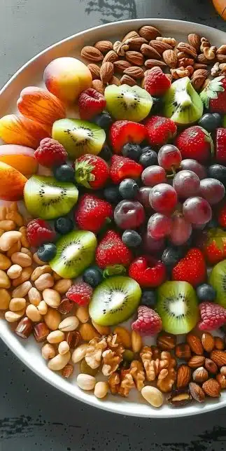 Delicious Fruit & Nut Plate featuring assorted fruits and nuts for a healthy snack.