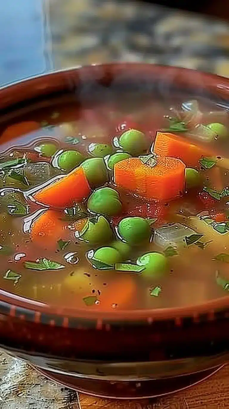 Bowl of colorful garden vegetable soup with fresh ingredients